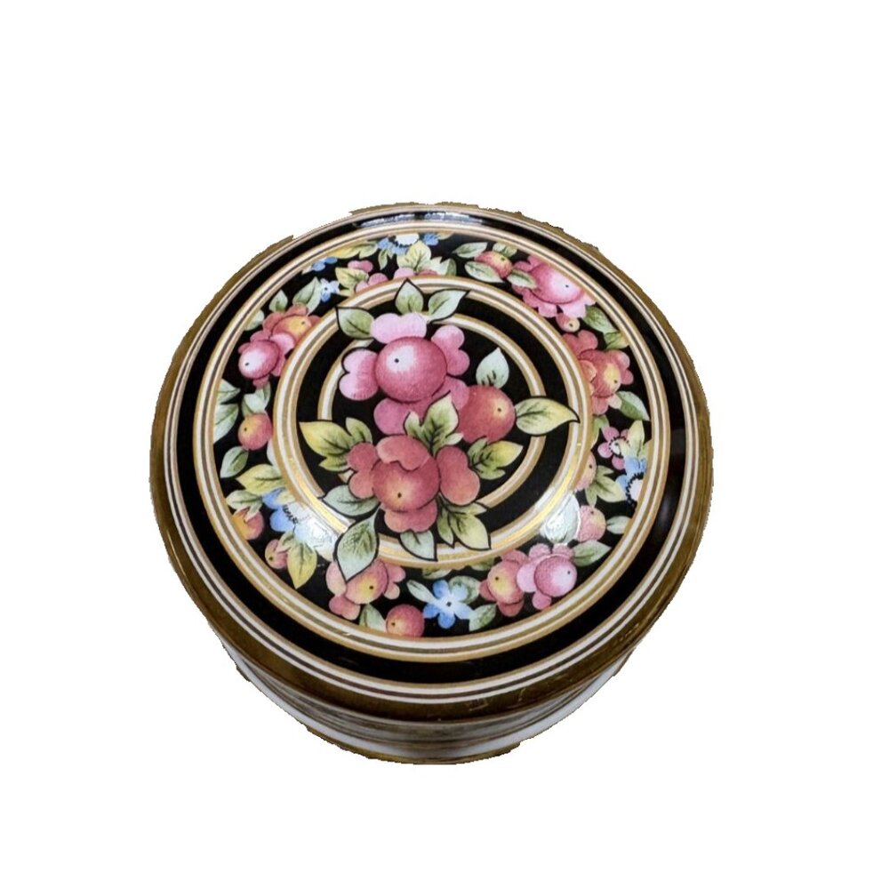 WEDGWOOD "Clio" Pattern Trinket Round Box Black Border, Pink Floral with GOLD.